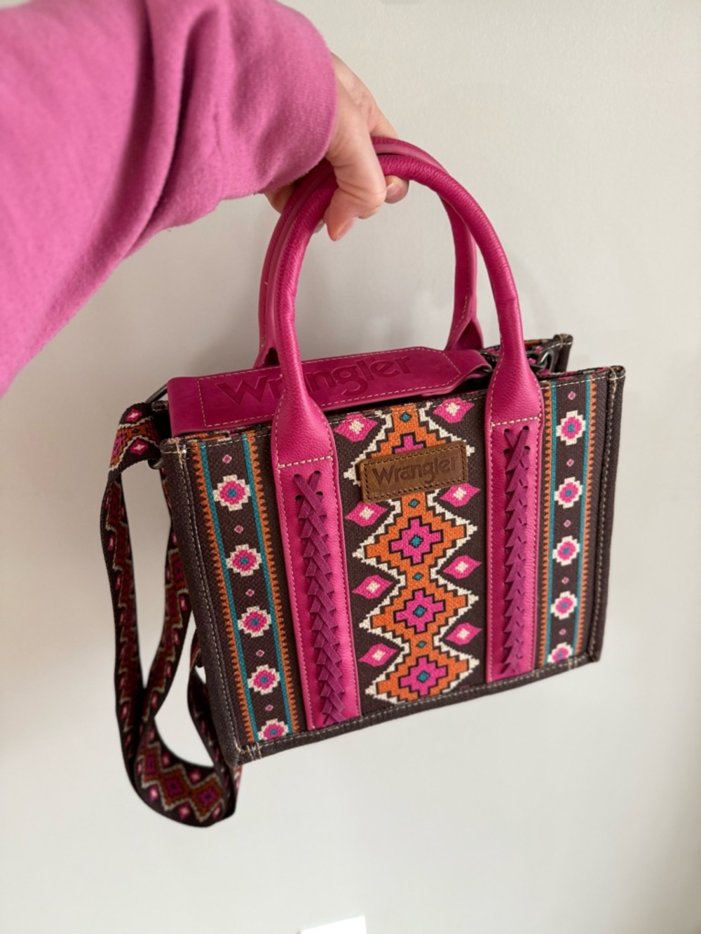 Wrangler Women's Southwestern Print Canvas Crossbody Tote Bag - Hot Pink/Brown - Picture 3 of 12
